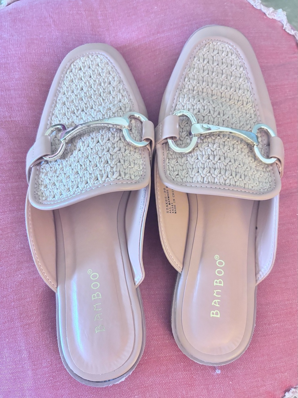 BAMBOO Light Tan Woven Mule Loafers with Golden Horsebit